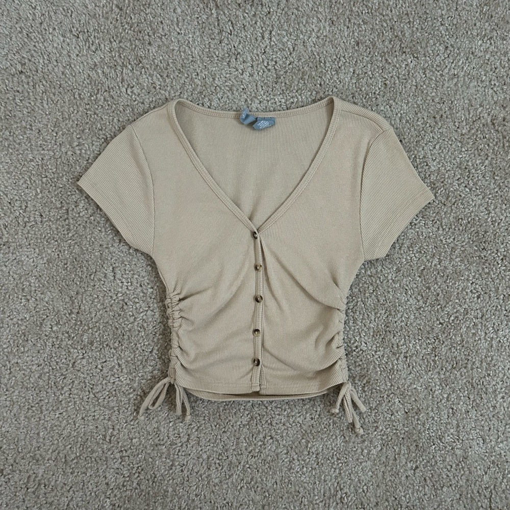 Beige Ruched Button-Up Women Top
